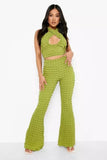 Popcorn Cloth Two Piece Set Women Sexy Cross Halter Backless Vest Crop Top Slim High Waist Flare Pants Fashion