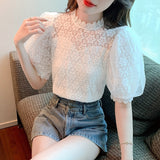Blouse Women Sweet Stand Collar Elegant Korean Shirt Summer Puff Short Sleeve Tops Flower Crochet Ladies Blusas Mujer