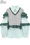 Women's Shirt Chic Vintage Blouses Casual Polo-Neck Long Sleeve Loose Female Striped Patchwork Blouses Fake Two