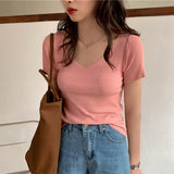 2021 Basic V-neck Solid Thin Summer Pullover Women Female Knitted Ribbed Sweater Slim Short Sleeve Bodycon
