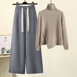 Winter Knitted Set For Women Turtleneck Pullover Knitted Sweater And Wide Leg Pants Two Piece Sets Women Warm Clothing