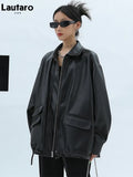 Spring Autumn Oversized Casual Waterproof Black Soft Pu Leather Jacket Women with Drop Shoulder Long Sleeve Fashion