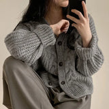 Solid V Neck Puff Sleeve Cable Knit CardiganOutfit