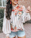 Queens Women Ruffled Floral Print Bohemian Blouse Ladies Lantern Sleeve Chiffon Tops Boho