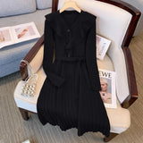 Winter Warm Knitted Dress For Women High Quality Ruffle Patchwork Retro High Waist Pleated Dresses Ladies Temperament