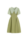 Patchwork Peter Pan Collar Women Dress Puff Sleeve Korean Tunic Dresses A-line High Waist Vestidos Office Ladies