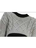 Autumn New Women Solid Color Pullover Sweater Hollow Out Knitted Long Sleeve Cropped Sweater Korean Style Casual