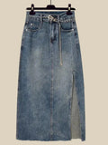 Outfits For Women 2023 Fashion Sling Vest+long Sleeve Sunscreen Shirt+side Split Denim Skirts Sets Korean 3 Piece