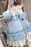 Sleeve Lolita Style Kawaii Sweet Dresses Japanese Elastic Waist Peter Pan Collar Y2k Vestidos Lace Patchwork Women Bear