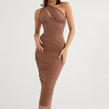 Diagonal Collar Ruched Dress Women Solid Summer Backless White Club Outfits Sexy One Shoulder Hollow Out Party
