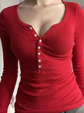 Solid Color U Neck Breasted Slim Long Sleeve Knit-Outfit