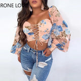 Women Lace-up Floral Drawstring Long Sleeves Blouse Shirt Spring Tops and