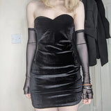Mall Goth Strapless Velvet Black Dresses E-girl Aesthetics Off Shoulder Mesh Sleeve Mini Dress Party Outfits