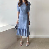 Hollow Out Women Knit Short Sleeve High Waist Bandage With Vest Midi Female Fashion Chic Dress