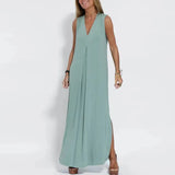 Office Lady Side Split Party Dress Casual Pleated Solid Robe Dress 2023 Women Fashion V-Neck Sleeveless Long Dress