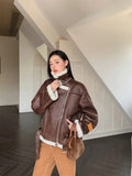 Wool Coat Women Thick Warm Long Sleeve Zipper Pocket Jacket Women Fashion Leather Motorcycle Jacket