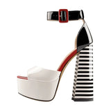 Onlymaker Women's Sandals Platform Peep Toe Chunky Square Heels Ankle Strap Sandals Black And White Stripes Party Fashion