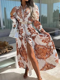 Vintage Printed Seaside Beach Dress Fashion Long Sleeve Button V Neck Long Dresses Spring Casual Office Women Loose