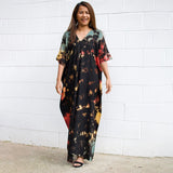 Printed V-neck Batwing Sleeve Side Split Loose Dress For Women Clothes Plus Size Beachwear Maxi Dress