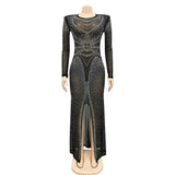 Sexy Women Crystal Mesh Sheer Maxi Dress Ladies Long Sleeve See Through Bodycon Birthday Clubwear Long Dress