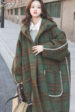 Autumn Winter Long Oversized Warm White Patchwork Plaid Wool Blends Trench Coats Women with Hood Runway Korean