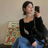 Knitted Pullovers Women Vintage Solid Sweaters Korean Elegant Slim Knitwear Autumn Winter Square Collar All Match