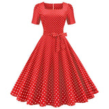 Dot Vintage Dress Women Summer Tunic Robe Elegant Short Sleeve Square Collar A-Line Midi Party Sundress 50s 60s
