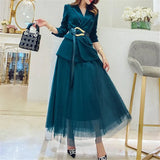 Blazer With Belt + Midi Pleated Skirt Women 2 Piece Set Office Vintage Office Lady Long Sleeve Suit Jacket Chic Skirt