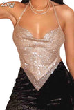 Sexy Women Sparkly Halter Tank Crop Tops Backless Chains Linked Sleeveless Rhinestones Glitter Mini Vest Club