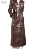 Spring Autumn Long Shiny Reflective Crocodile Print Patent Pu Leather Trench Coat for Women Runway European