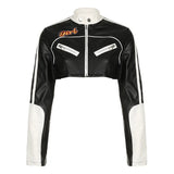 Cloth Forget Street Locomotive Wind Letter Print PU Leather Spliced Short Jacket Work Clothes Casual Leather