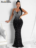 Sexy White Crystal Diamond Maxi Dress New Women Strap Backless Bodycon Party Clubwear Long