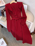 Winter Warm Knitted Dress For Women High Quality Ruffle Patchwork Retro High Waist Pleated Dresses Ladies Temperament