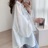 White Transparent Chiffon Blouse Chic Women Summer Oversize Puff Long Sleeve Shirt Korean Style Cardigan Basic Sheer
