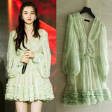 and Summer Women Chiffon Floral Print Lantern Sleeve V Neck Mini Dress Elegant Female Ruffles Beach Dresses