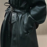 Autumn Long Black Cool PU Leather Trench Coat for Women Belt Single Breasted Loose Korean Fashion Wholesale Clothes