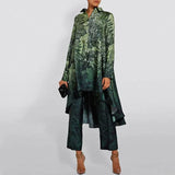 Office Asymmetrical Suits Retro Pattern Printed Two-piece Sets Female Lapel Button Hem Shirt with Straight Pants