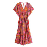Queens Red Floral Print Women V-neck Batwing Sleeve Bohemian Maxi Dresses Ladies Rayon Cotton Beach Summer Boho