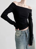 Casual Off Shoulder Top Black Skinny Basic Women's T-shirts Solid Slim Korean Fashion Gothic Tees Slash Neck