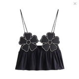 Women's New Black Bright Flowers Decorated Cotton Blouse Small Sling Vest