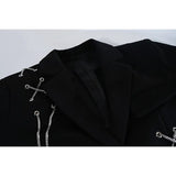 Women Punk Gothic Cropped Blazer with Metal Chain Harajuku Design Streetwear Chic Patchwork Suit Office Lady Commute Short