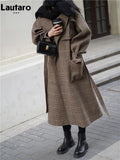 Autumn Winter Long Loose Stylish Warm Plaid Wool Blends Coat Women Sashes Luxury Designer Runway European Fashion