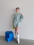 Tie Dye Green Puff Sleeve Pleated Button Up Dress Korean Fashion Tie Neck Mini Ladies Dress Autumn Clothes Women
