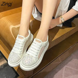 Women Breathable Mesh Sneakers 2023 Summer Sparkling Crystal Flat Shoes Ladies Comfortable Platform Lace Up Casual
