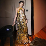 New Chinese Dress Light Luxury Niche 2025 New Famous Wind Hanging Neck Heavy Industry Slew Sexy Bare Back