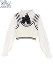 Women Preppy Style Two-piece Set Knitted Vests Long Sleeve Turn-down Collar Blouse Shirt Autumn Fashion Vintage