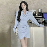 Shirts Dress Women Korean Irregular Folds A Line Dress Office Lady Elegant Long Sleeve Asymmetrical Pleated Slim
