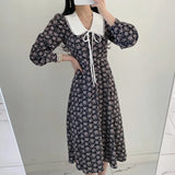 Style Women's Spring and Summer Shirt Dress Fashion Print Retro Bow Long Sleeve Party
