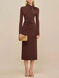 Brown Metallic Button Decoration Knitted Dress High-Necked Long Sleeves Elegant