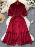 Women Lace Party Long Dress Vintage O-Neck Puff Short Sleeve High Waist Single Breasted A-Line Elegant Vestidos